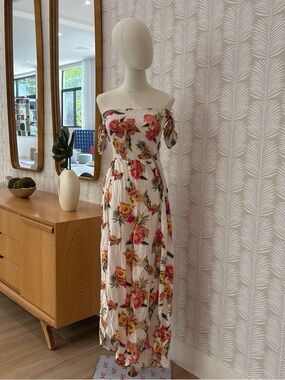 Off-Shoulder Floral Maxi Jumpsuit in White with Pink & Yellow Print